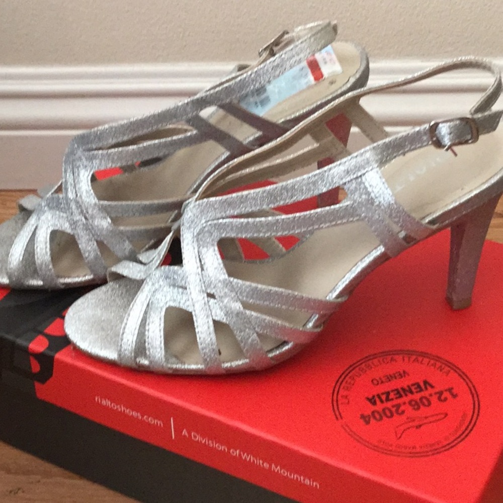 Silver glitter strap shoes approx: 4 inch heel